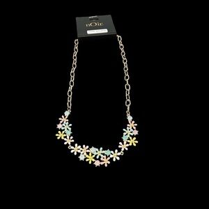 Noir Pastel Floral Necklace w/Multi Color Rhinestone Design and Goldtone Chain